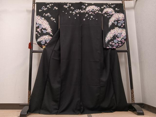 平和屋着物●小振袖 二尺袖 夜桜 暈し染め 黒地 金彩 ロング丈 洗える着物 AABJ0063ph