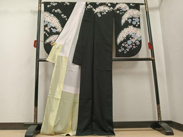 平和屋着物●小振袖 二尺袖 夜桜 暈し染め 黒地 金彩 ロング丈 洗える着物 AABJ0063ph