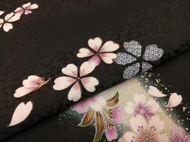 平和屋着物●小振袖 二尺袖 夜桜 暈し染め 黒地 金彩 ロング丈 洗える着物 AABJ0063ph