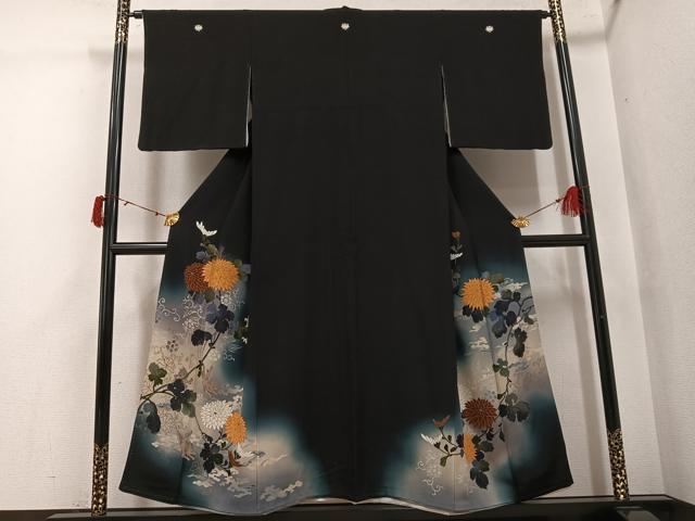 平和屋着物●アンティーク 大正ロマン 黒留袖 枝花文 暈し染め 金彩 胴抜き仕立て 正絹 逸品 AABJ0070ph