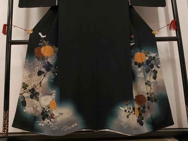 平和屋着物●アンティーク 大正ロマン 黒留袖 枝花文 暈し染め 金彩 胴抜き仕立て 正絹 逸品 AABJ0070ph