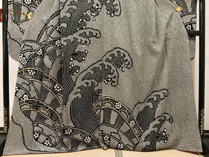 平和屋着物●豪華振袖　駒刺繍　絞り　立波片輪車花唐草文　黒地　正絹　逸品　AABJ0077ph