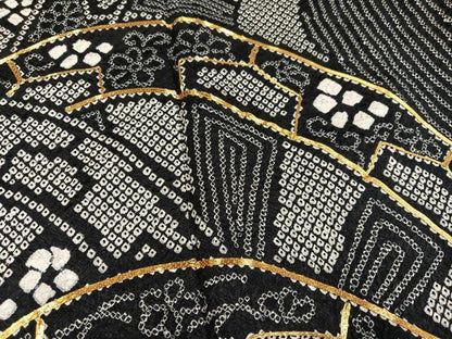 平和屋着物●豪華振袖　駒刺繍　絞り　立波片輪車花唐草文　黒地　正絹　逸品　AABJ0077ph