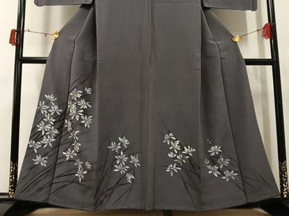 平和屋着物●訪問着　手描き　草花文　金彩　鬼しぼ縮緬　正絹　逸品　AABJ0078ph