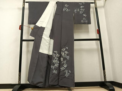 平和屋着物●訪問着　手描き　草花文　金彩　鬼しぼ縮緬　正絹　逸品　AABJ0078ph