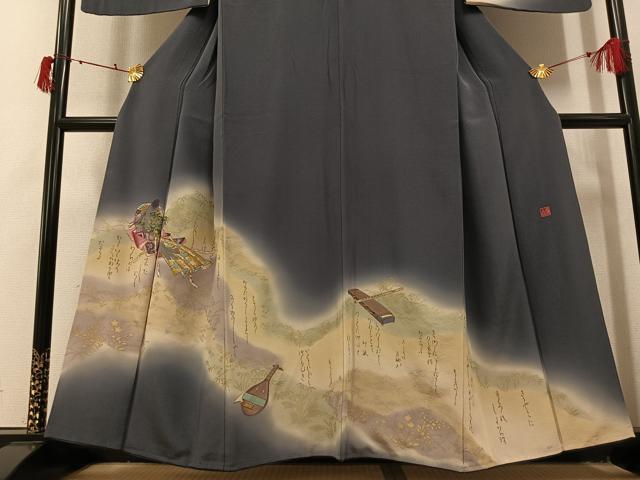 平和屋着物●友禅作家　河野栖山　訪問着　女人楽器文　暈し染め　金彩　正絹　逸品　AABJ0083ph
