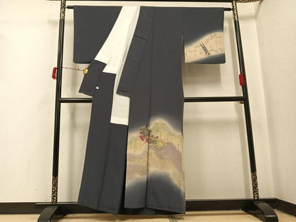 平和屋着物●友禅作家　河野栖山　訪問着　女人楽器文　暈し染め　金彩　正絹　逸品　AABJ0083ph