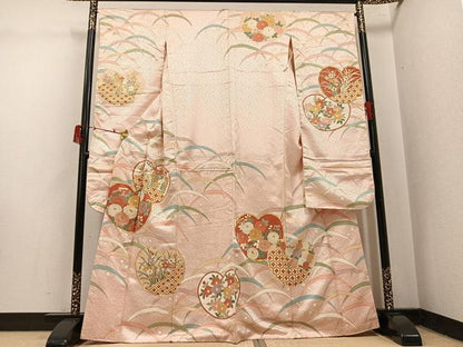 平和屋着物●豪華振袖　駒刺繍　草花文　金彩　正絹　逸品　AABJ0084ph