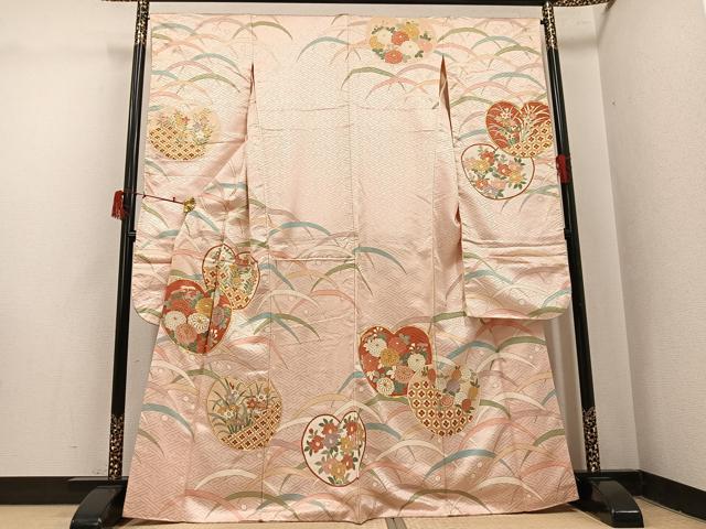 平和屋着物●豪華振袖　駒刺繍　草花文　金彩　正絹　逸品　AABJ0084ph