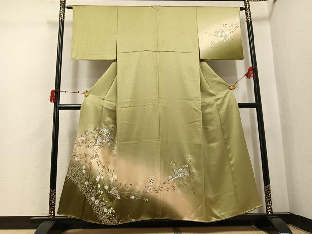 平和屋着物●訪問着　枝花檜扇文　暈し染め　金銀彩　正絹　逸品　AABJ0088ph