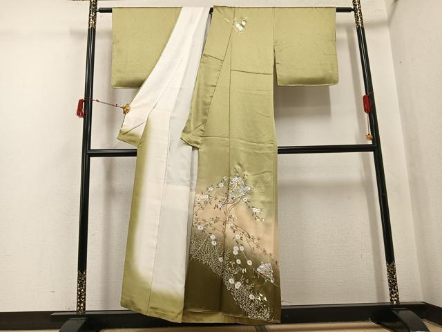 平和屋着物●訪問着　枝花檜扇文　暈し染め　金銀彩　正絹　逸品　AABJ0088ph