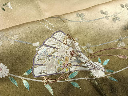 平和屋着物●訪問着　枝花檜扇文　暈し染め　金銀彩　正絹　逸品　AABJ0088ph