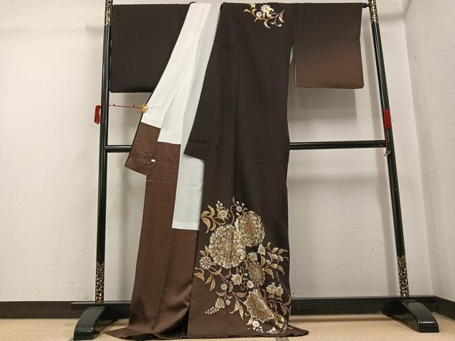平和屋着物●金彩友禅 卓越技能者・名工・和田光正監修 訪問着 京金彩 華陽 花唐草文 赤墨色地 金銀彩 ロング丈 正絹 逸品 AABJ0101ph