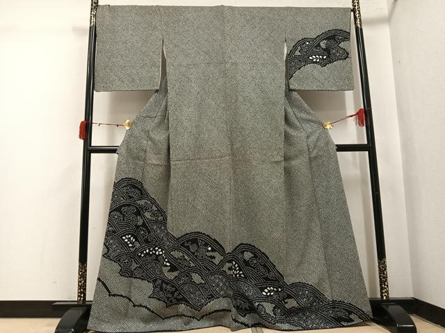 平和屋着物●訪問着　総絞り　立波花文　黒地　正絹　逸品　AABJ0104ph