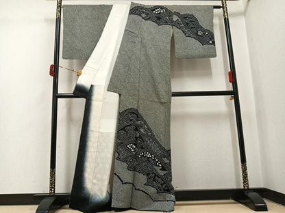 平和屋着物●訪問着　総絞り　立波花文　黒地　正絹　逸品　AABJ0104ph