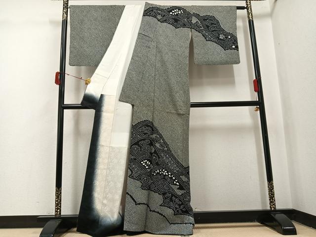 平和屋着物●訪問着　総絞り　立波花文　黒地　正絹　逸品　AABJ0104ph