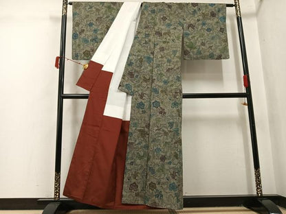 平和屋着物●上質な小紋　紬地　型染め　更紗唐草文　正絹　逸品　AABJ0108ph