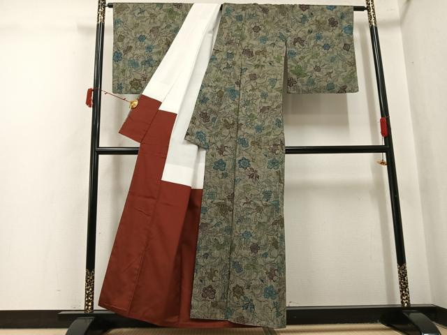 平和屋着物●上質な小紋　紬地　型染め　更紗唐草文　正絹　逸品　AABJ0108ph