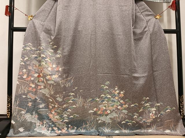 平和屋着物●訪問着　風景草花文　たたき染め　金彩　ロング丈　正絹　逸品　AABJ0112ph