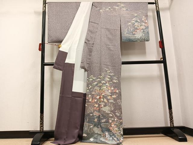 平和屋着物●訪問着　風景草花文　たたき染め　金彩　ロング丈　正絹　逸品　AABJ0112ph