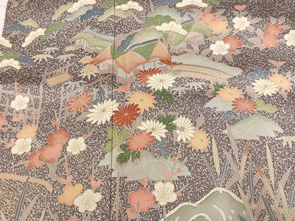 平和屋着物●訪問着　風景草花文　たたき染め　金彩　ロング丈　正絹　逸品　AABJ0112ph