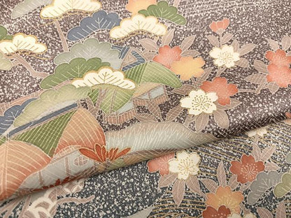 平和屋着物●訪問着　風景草花文　たたき染め　金彩　ロング丈　正絹　逸品　AABJ0112ph