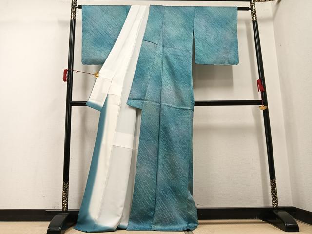 平和屋着物●上質な小紋　辻が花地紋　暈し染め　銀通し地　反端付き　ロング丈　正絹　逸品　未使用　AABJ0120ph