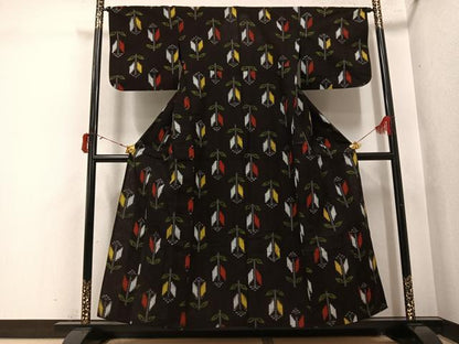 平和屋着物●久留米絣　単衣　草花文　綿　逸品　AABJ0123ph