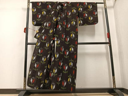 平和屋着物●久留米絣　単衣　草花文　綿　逸品　AABJ0123ph