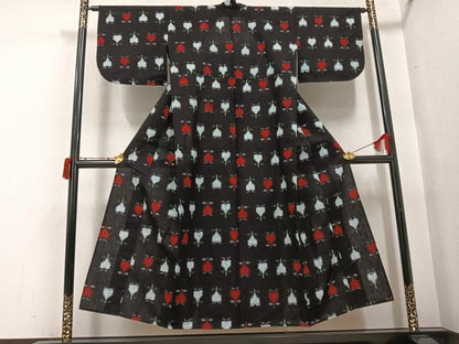 平和屋着物●久留米絣　単衣　草花文　綿　逸品　AABJ0127ph