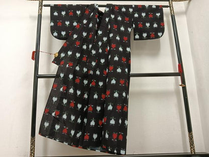 平和屋着物●久留米絣　単衣　草花文　綿　逸品　AABJ0127ph
