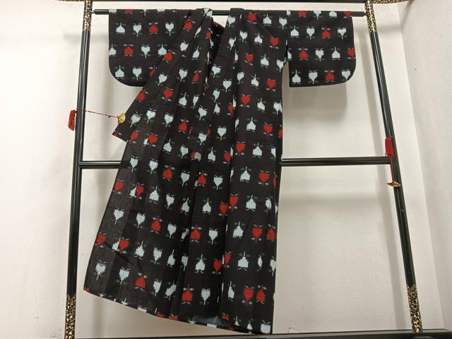 平和屋着物●久留米絣　単衣　草花文　綿　逸品　AABJ0127ph