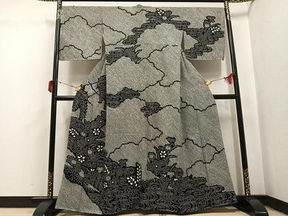 平和屋着物●訪問着　総絞り　流水草花文　黒地　正絹　逸品　AABJ0140ph