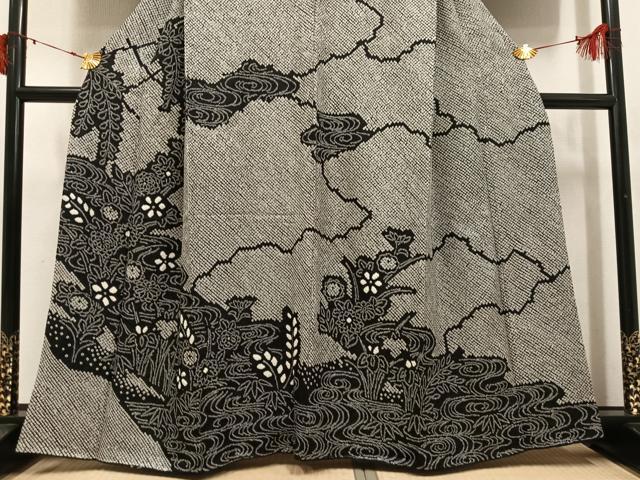 平和屋着物●訪問着　総絞り　流水草花文　黒地　正絹　逸品　AABJ0140ph