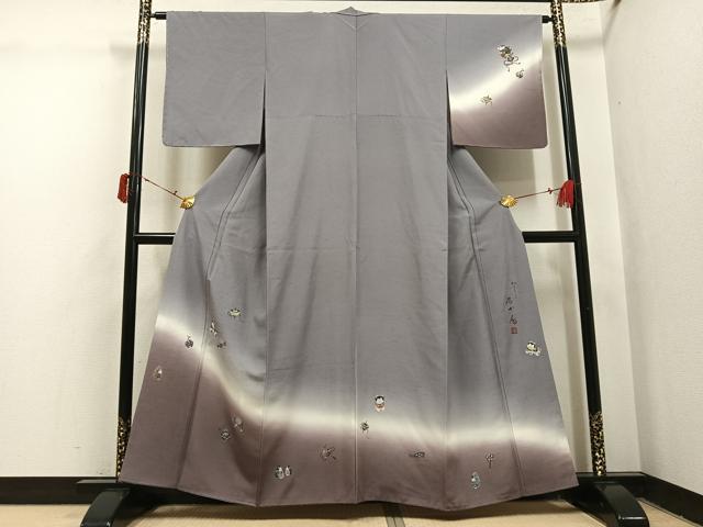 平和屋着物●京都印象派 友禅作家　橋本恵　訪問着　紬地　手描き　玩具文　暈し染め　金彩　正絹　逸品　AABJ0145ph