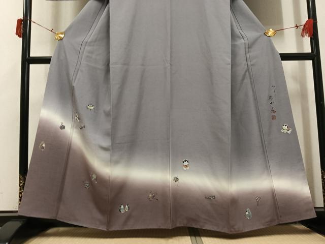 平和屋着物●京都印象派 友禅作家　橋本恵　訪問着　紬地　手描き　玩具文　暈し染め　金彩　正絹　逸品　AABJ0145ph