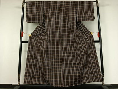 平和屋着物▽上質な紬　単衣　格子　正絹　逸品　AABJ0161jh