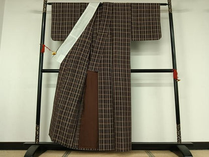 平和屋着物▽上質な紬　単衣　格子　正絹　逸品　AABJ0161jh