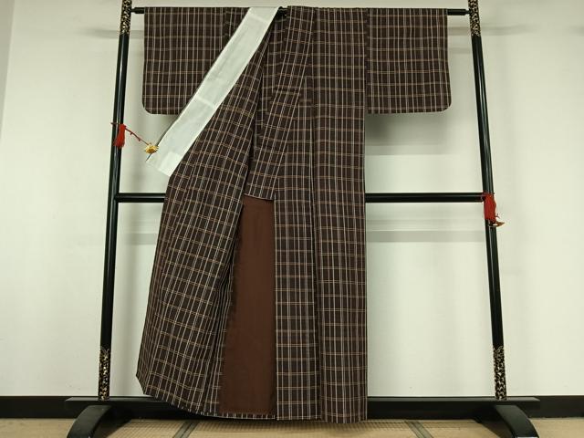 平和屋着物▽上質な紬　単衣　格子　正絹　逸品　AABJ0161jh