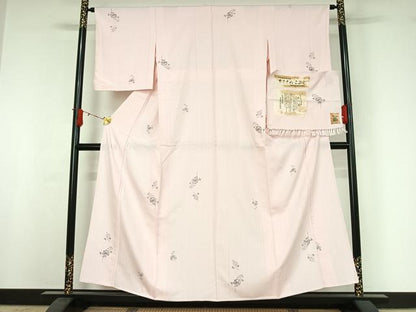 平和屋着物▽本場越後伝承紬　単衣　さきそめこふじ　草花文　証紙付き　正絹　逸品　AABJ0165jh