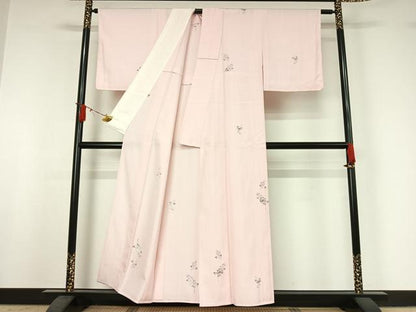 平和屋着物▽本場越後伝承紬　単衣　さきそめこふじ　草花文　証紙付き　正絹　逸品　AABJ0165jh