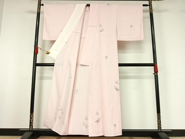 平和屋着物▽本場越後伝承紬　単衣　さきそめこふじ　草花文　証紙付き　正絹　逸品　AABJ0165jh