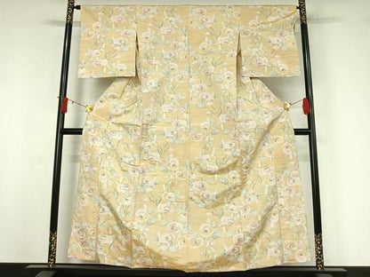 平和屋着物▽上質な紬　単衣　枝花文　正絹　逸品　AABJ0171jh