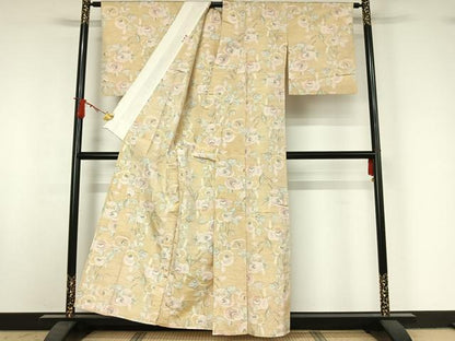 平和屋着物▽上質な紬　単衣　枝花文　正絹　逸品　AABJ0171jh