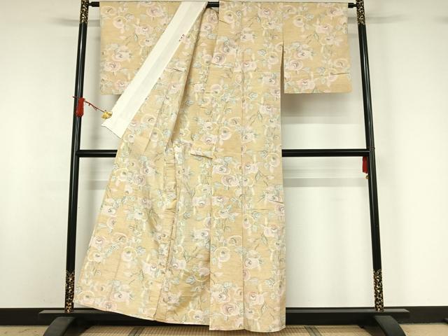 平和屋着物▽上質な紬　単衣　枝花文　正絹　逸品　AABJ0171jh