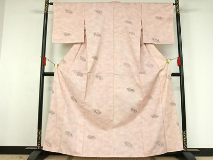 平和屋着物▽上質な小紋　単衣　紬地　手描き　地紙花文　正絹　逸品　AABJ0174jh