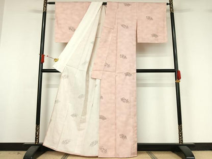 平和屋着物▽上質な小紋　単衣　紬地　手描き　地紙花文　正絹　逸品　AABJ0174jh