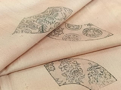 平和屋着物▽上質な小紋　単衣　紬地　手描き　地紙花文　正絹　逸品　AABJ0174jh
