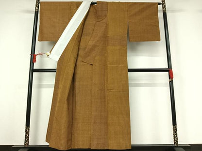 平和屋着物▽本場黄八丈　平織　紬　単衣　格子　正絹　逸品　AABJ0175jh