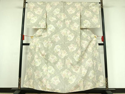 平和屋着物▽上質な紬　単衣　舞葉文　正絹　逸品　AABJ0178jh